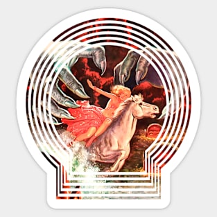 Princess Running on Her White Horse Escaping from Dangerous Giant Hands Fantasy Sticker